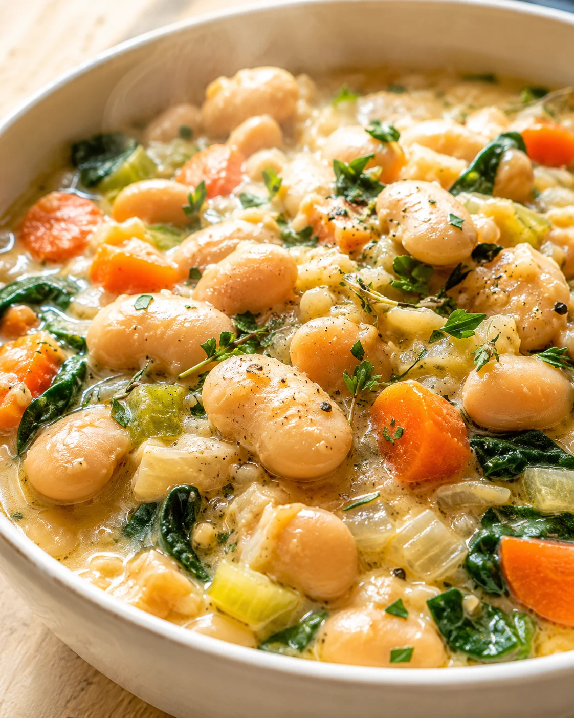 Creamy white bean and vegetable stew with carrots, greens, and parsley in a skillet.