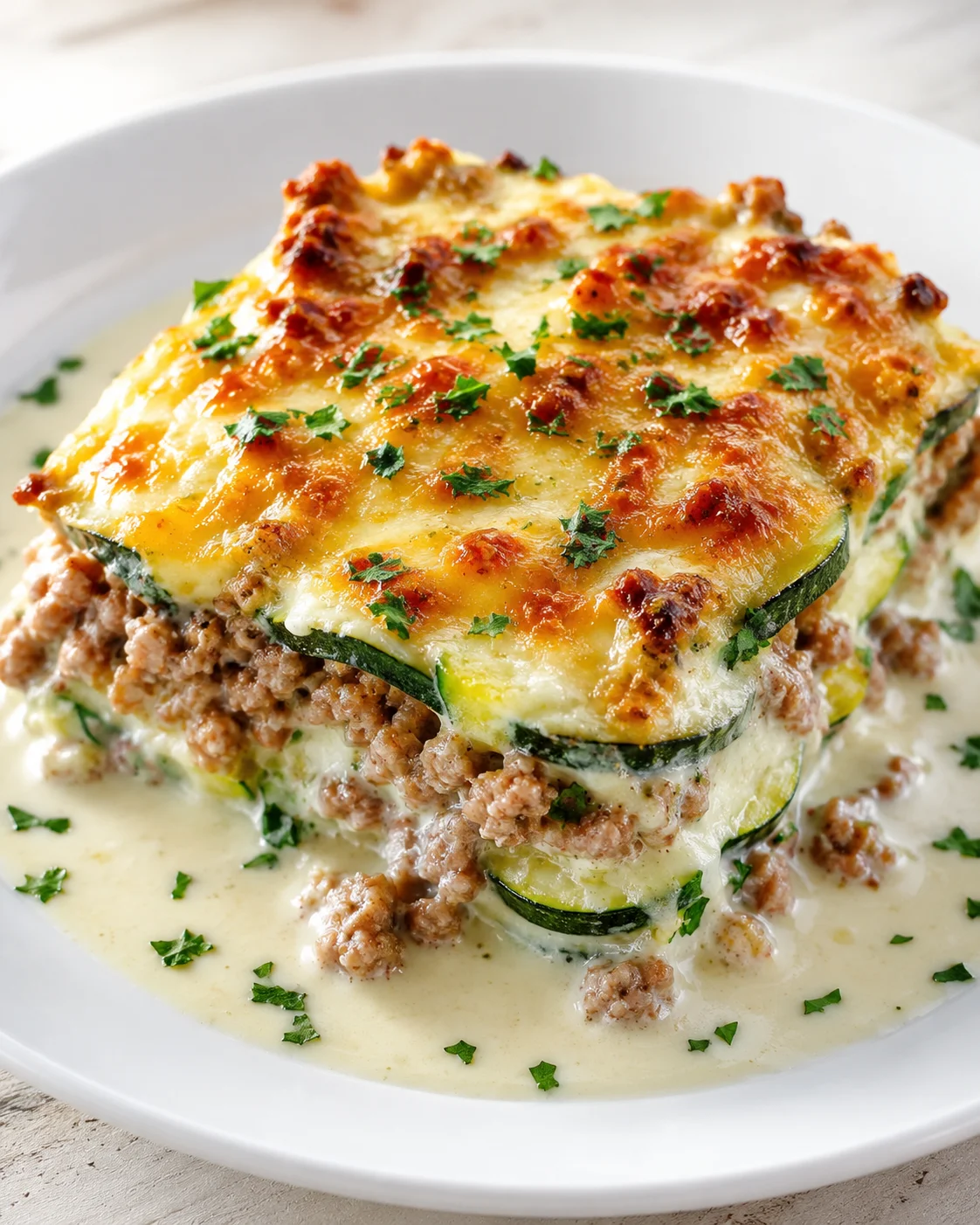 baked zucchini lasagna stack with ground meat, melted cheese, and parsley on a white plate