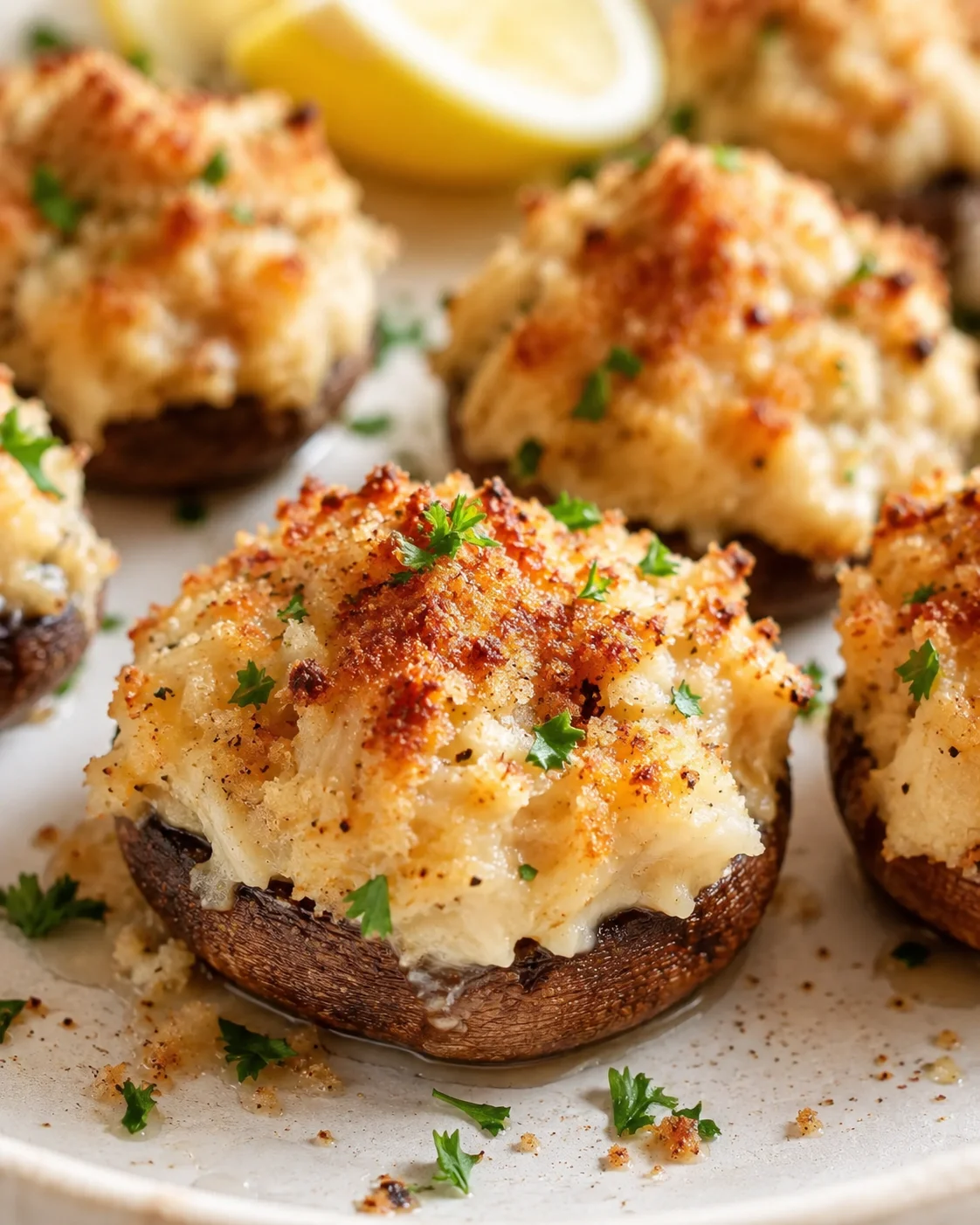 close-up of baked mushroom caps topped with golden breadcrumb crust and parsley