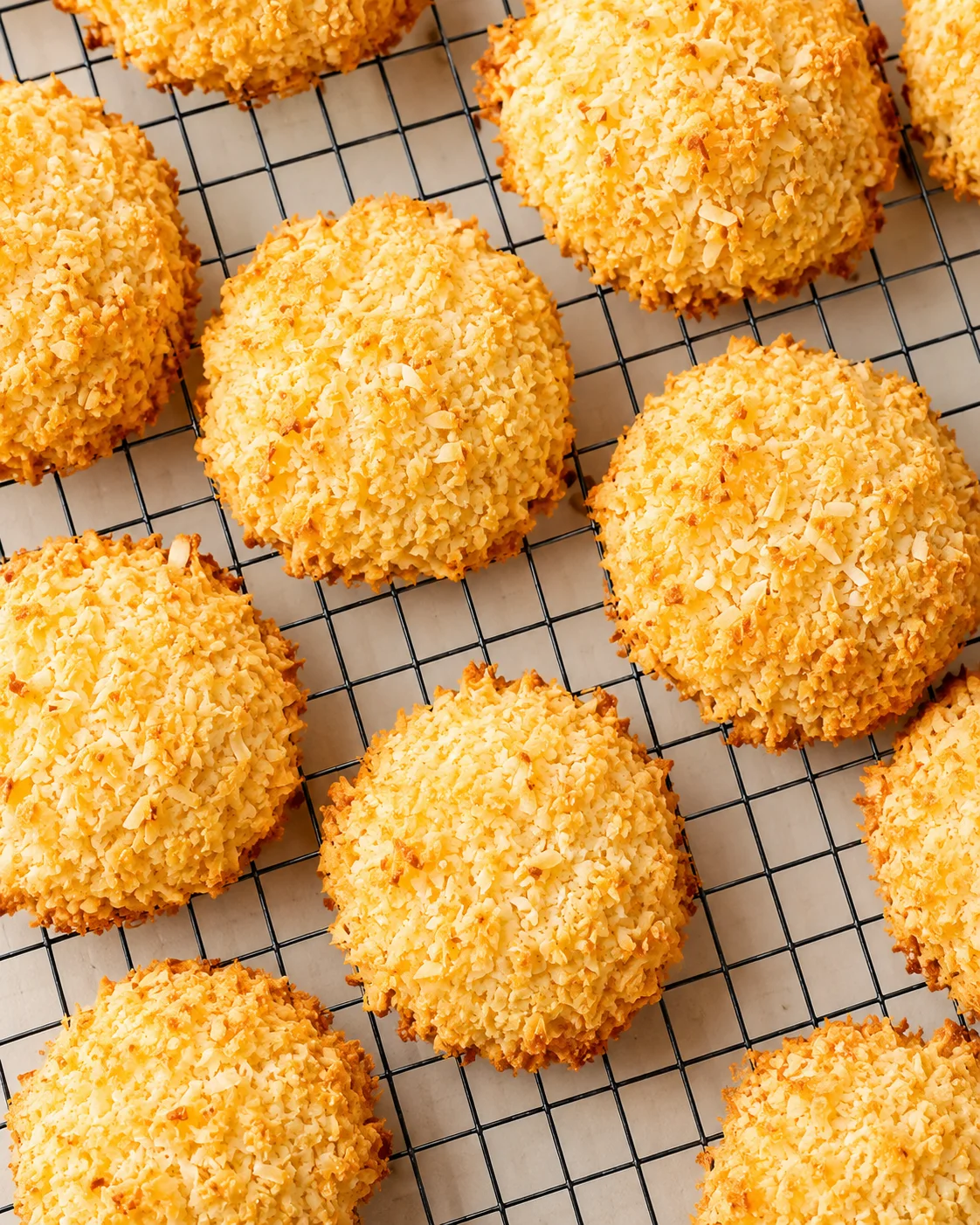 Golden breadcrumb-coated fried bites cooling on a black wire rack.