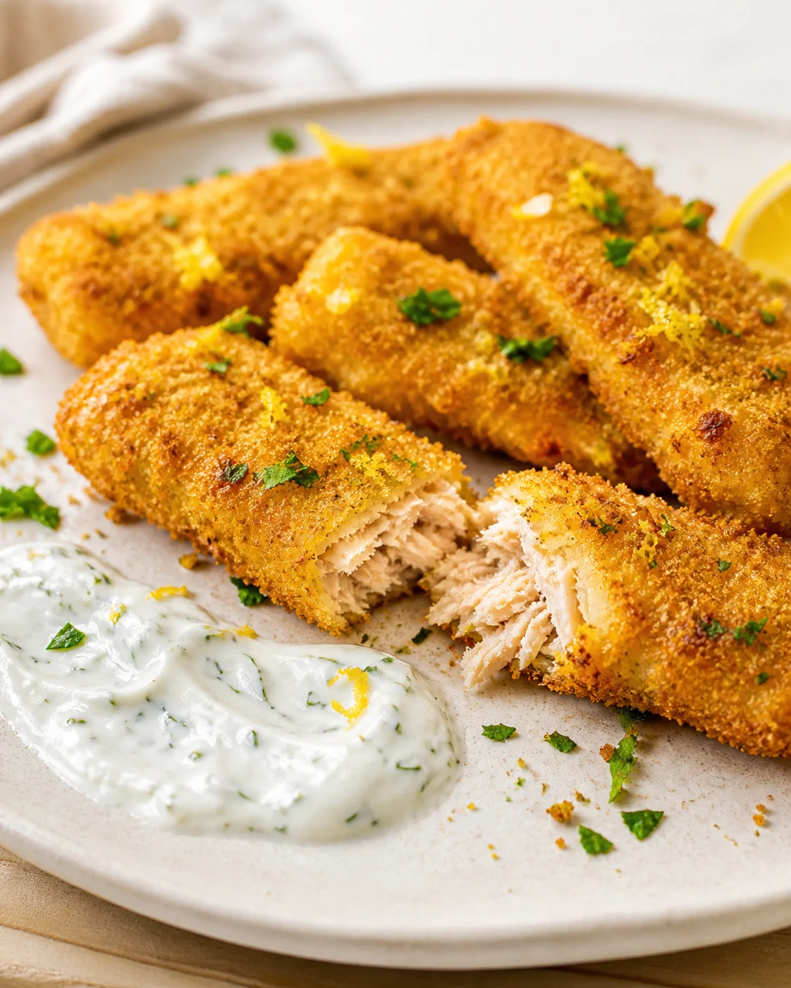 Golden breadcrumbed fish fingers on a beige plate with herb yogurt sauce and lemon wedge