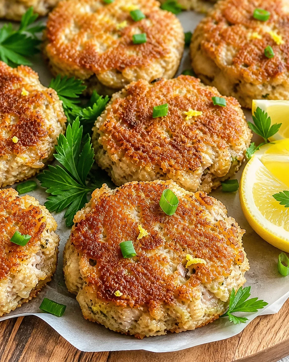 Golden-brown breadcrumb-crusted meatballs on parchment with parsley and lemon wedges