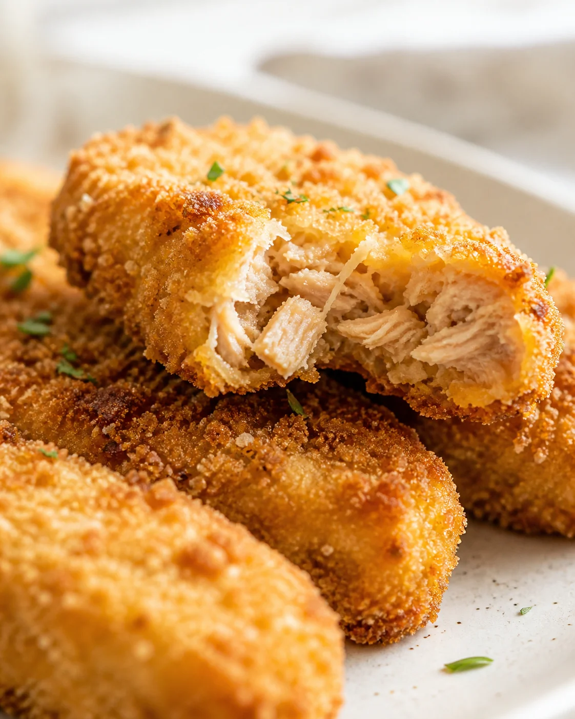 Golden-brown fried chicken bites with a juicy interior, sprinkled with parsley.
