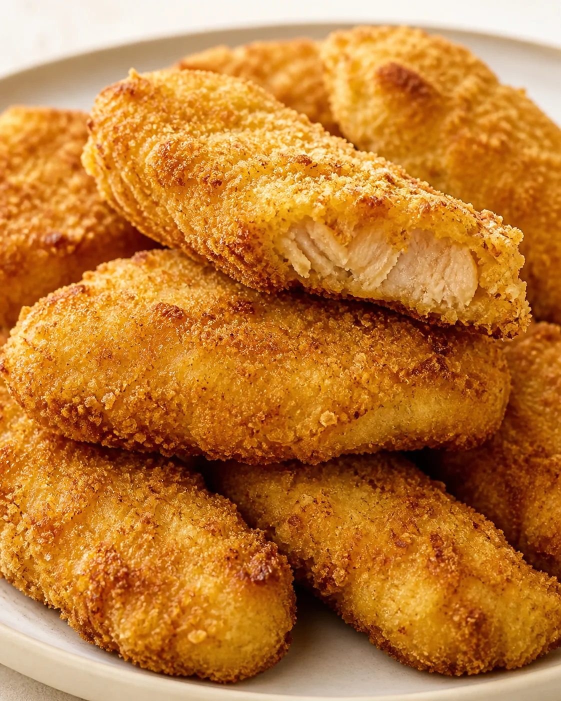 Golden fried chicken nuggets on a white plate, one piece split to show juicy white chicken.
