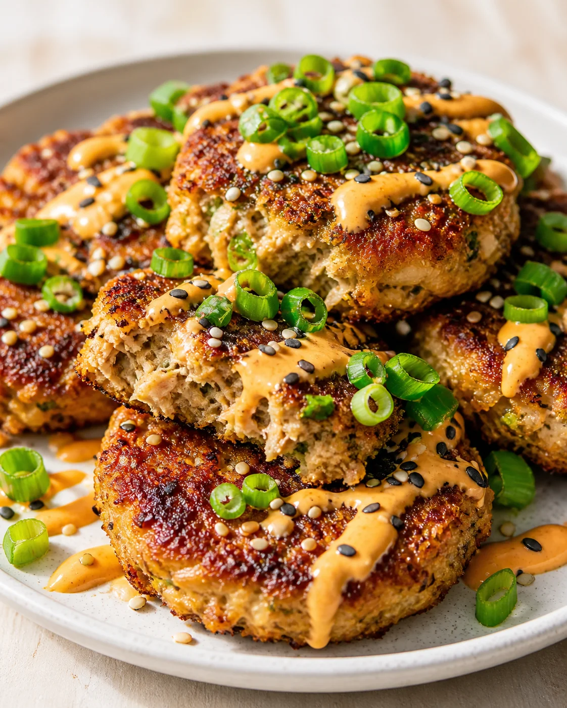 Plate of crispy cauliflower croquettes drizzled with spicy orange sauce, garnished with green onions and sesame seeds.