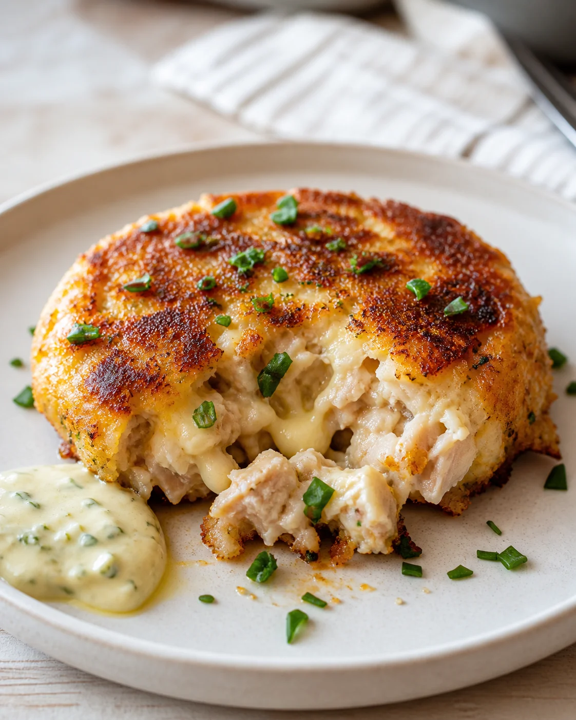 crispy cheese-stuffed chicken breast on plate with creamy herb sauce and chopped chives
