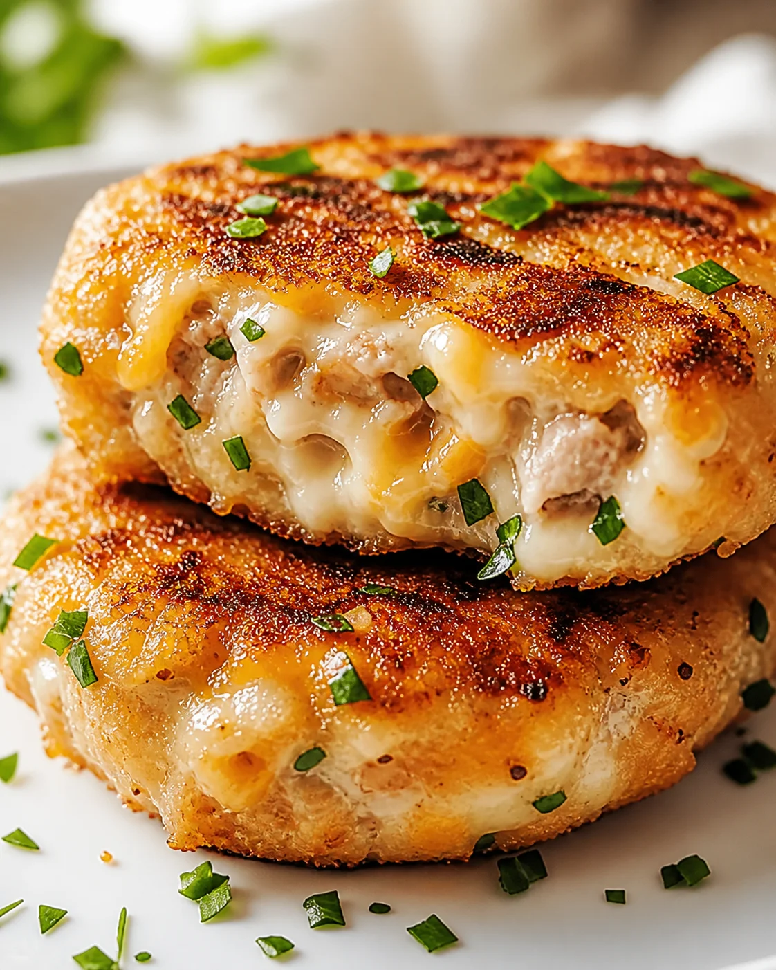 Two crispy, cheese-filled chicken cutlets stacked on a white plate with melted cheese and chopped chives.