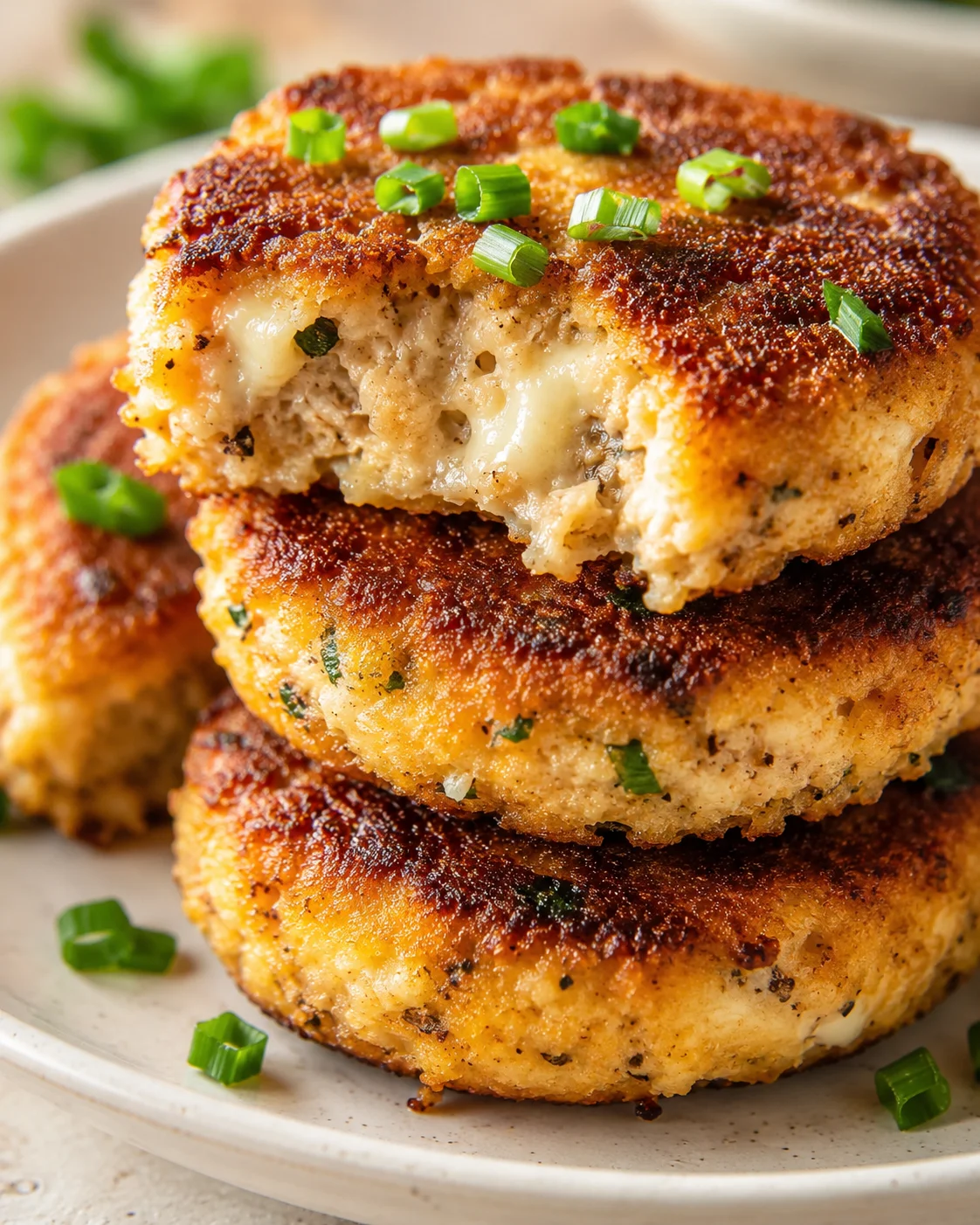 Stack of crispy cheese-stuffed patties with melted cheese, garnished with chopped green onions on a plate