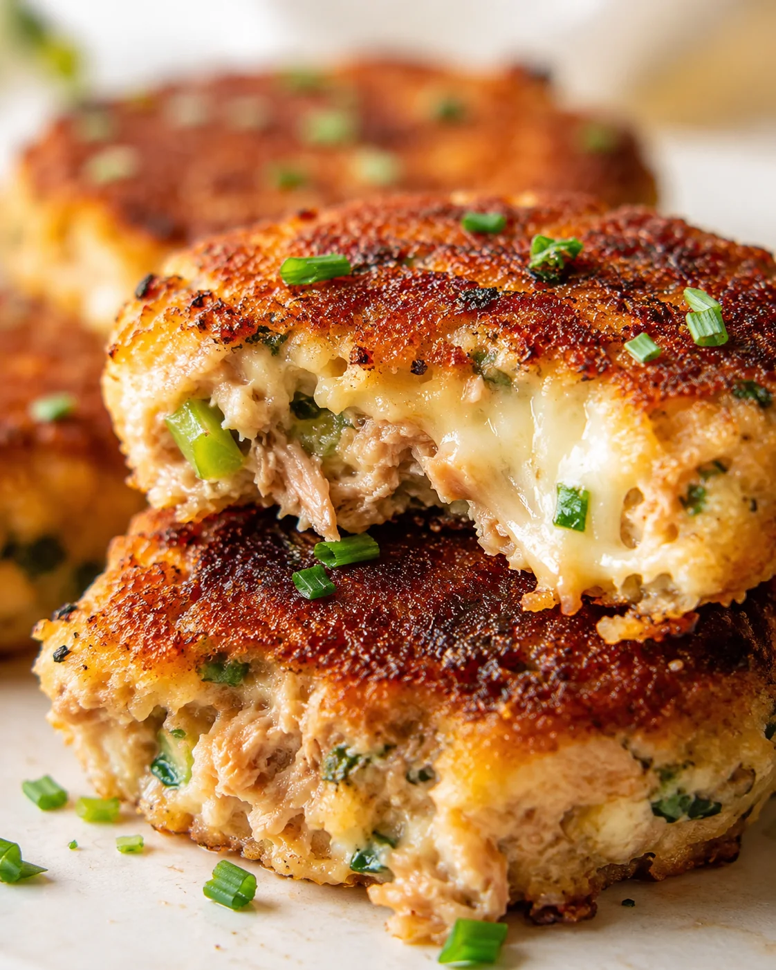 Close-up of crispy, cheese-filled chicken cutlets with melted cheese and chopped green onions.