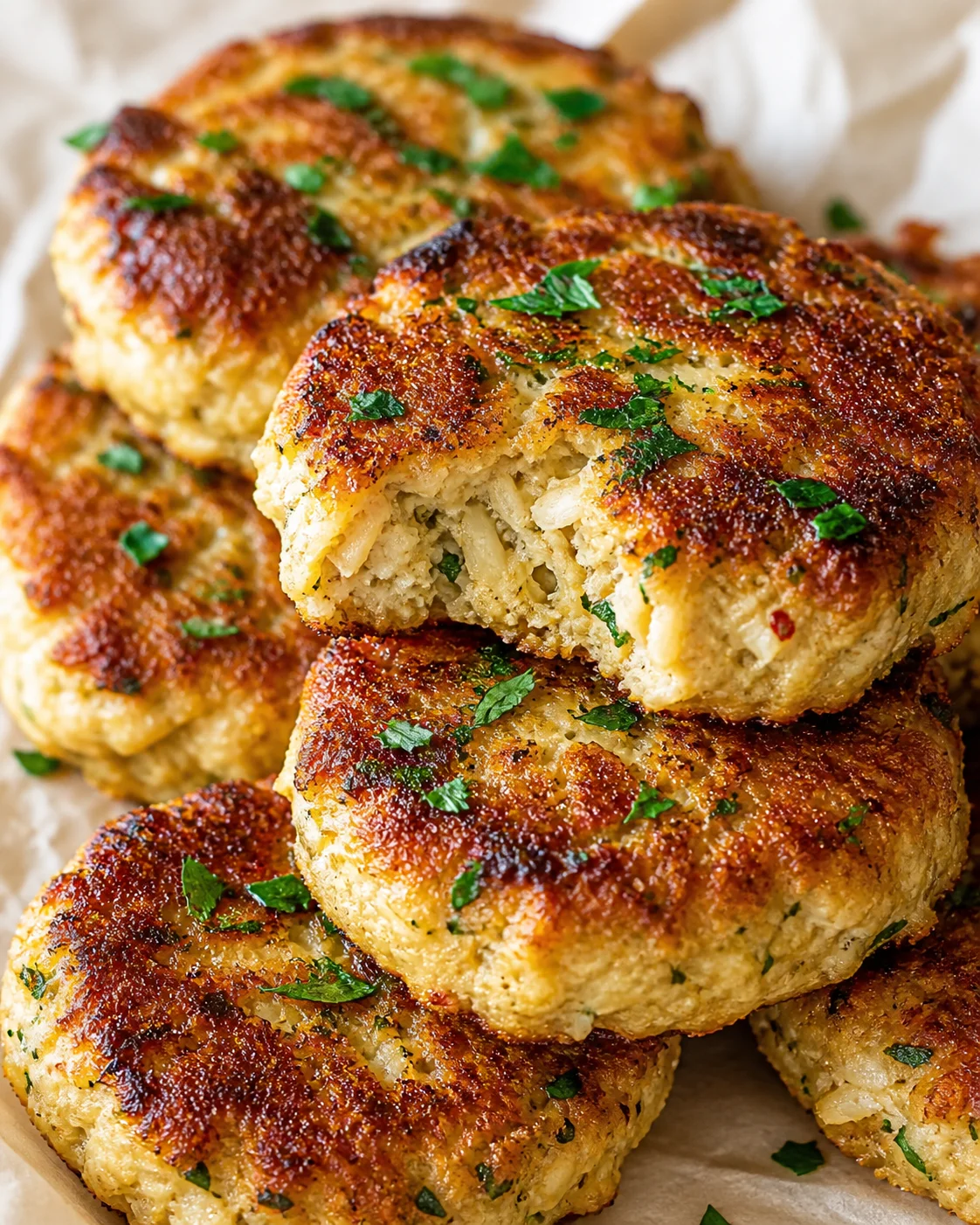 pile of crispy, golden potato cakes with chopped parsley on parchment