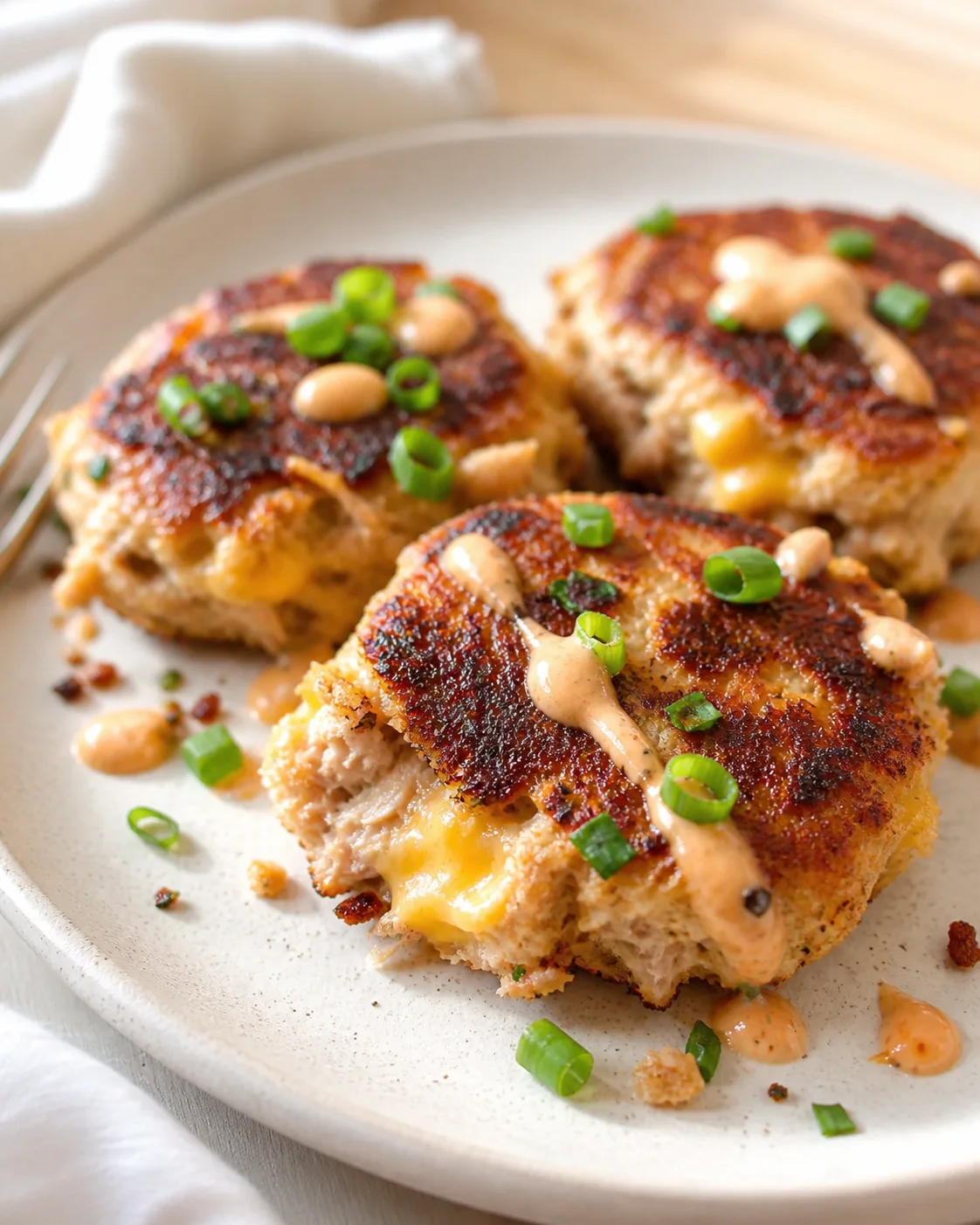 Golden-brown crispy chicken cutlets with melted cheese, drizzled sauce, and green onion garnish.