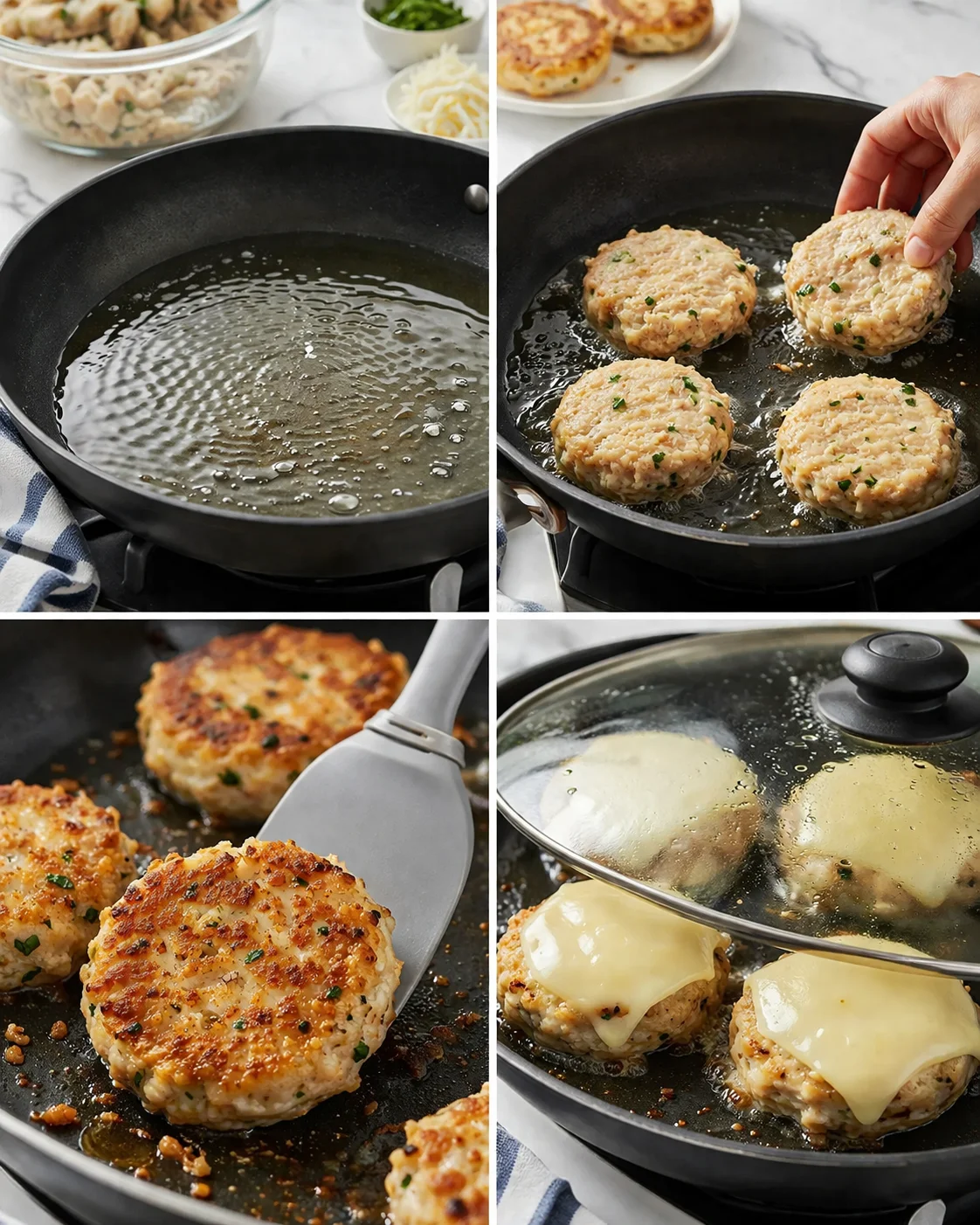 Collage of pan-frying chicken patties: oil in skillet, raw patties, browning patties, cheese-topped finish.