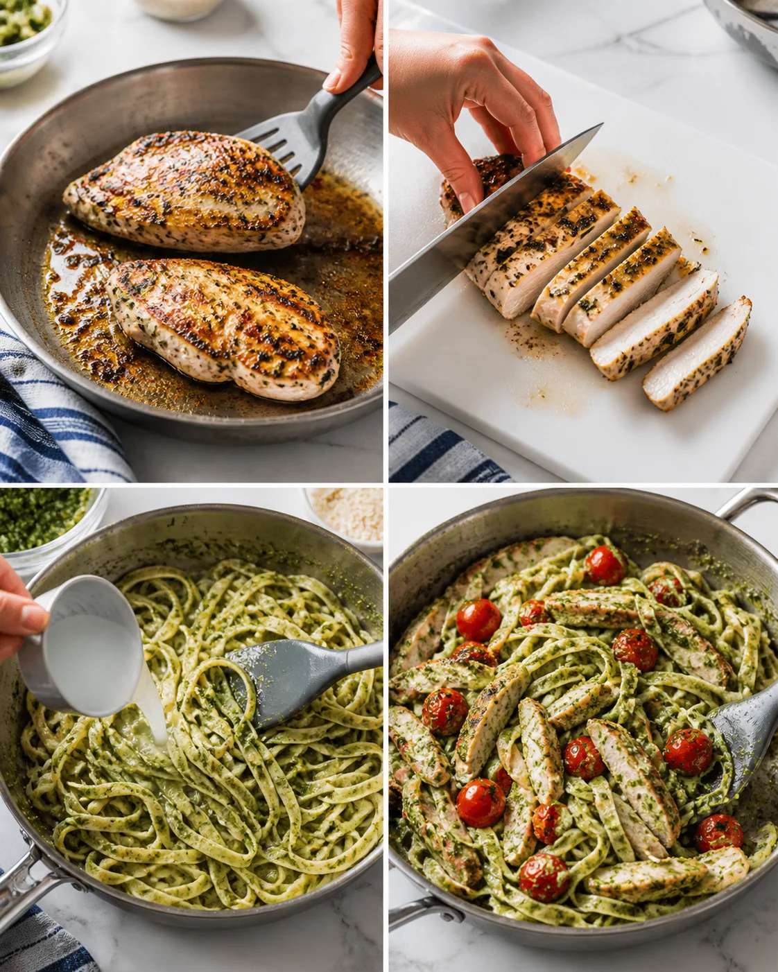 collage showing seared chicken breasts, sliced chicken, and creamy pesto pasta with tomatoes in pans