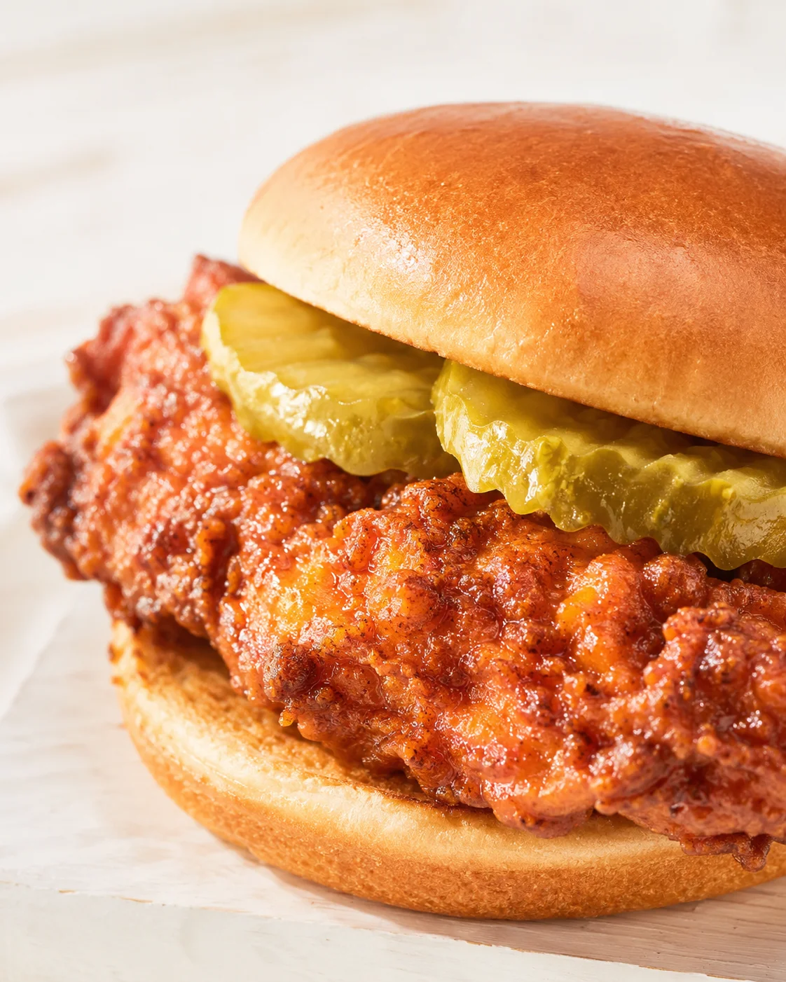 Close-up of a crispy fried chicken sandwich with two pickle slices on a glossy bun.