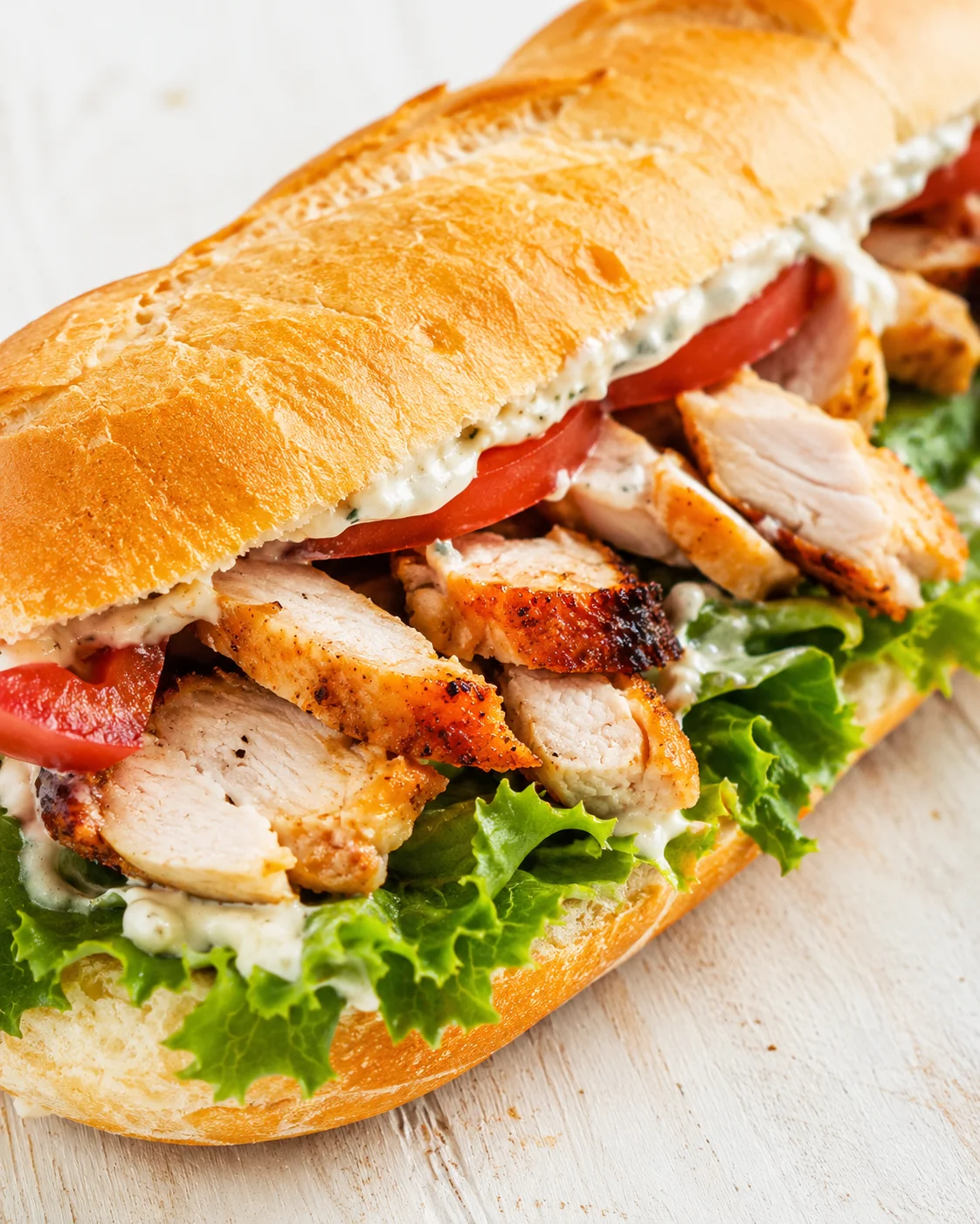 Close-up of a crusty baguette sandwich filled with grilled chicken, tomato, lettuce, and creamy herb sauce.