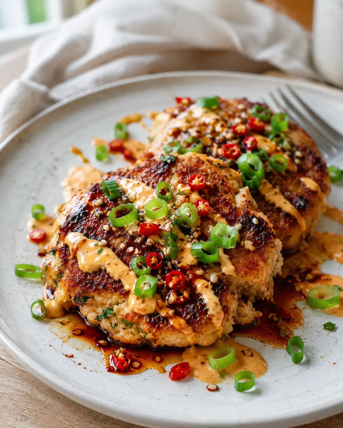 Two crispy-coated cutlets on a gray plate, topped with green onions, red chilies, sesame seeds, and orange sauce.