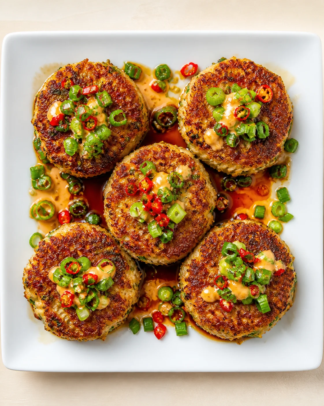 Six golden crab cakes on a white plate topped with chopped green onions and red chili slices