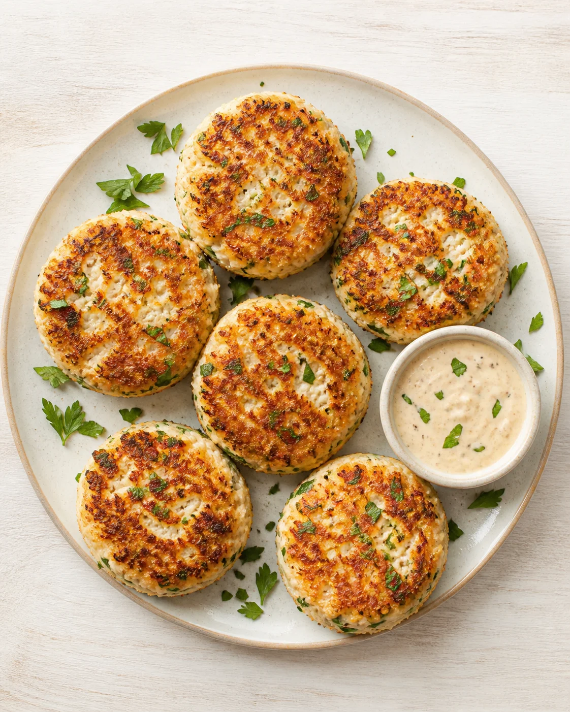 Six golden-brown crab cakes on a light plate with parsley and creamy dip.