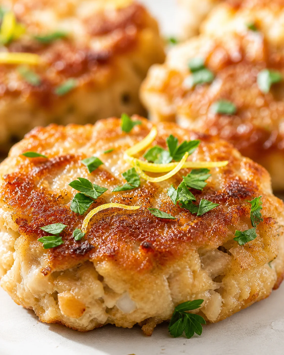 Golden-brown crab cakes with lemon zest ribbons and chopped parsley