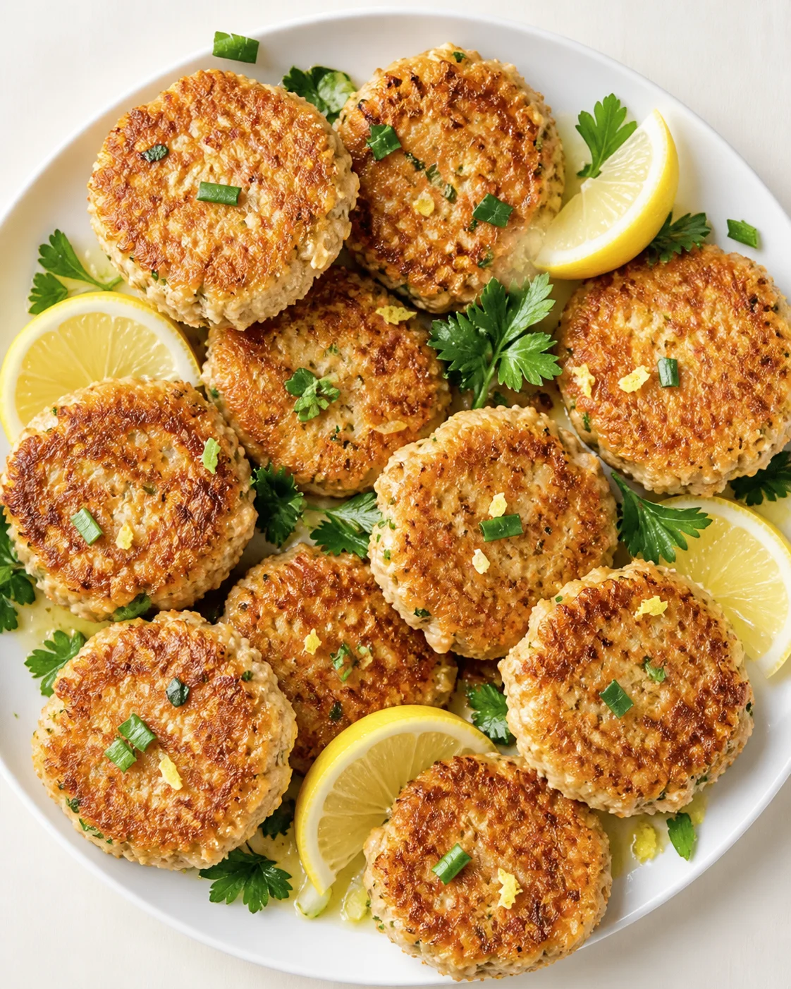 Plate of crispy crab cakes garnished with chives and parsley, lemon wedges on a white platter