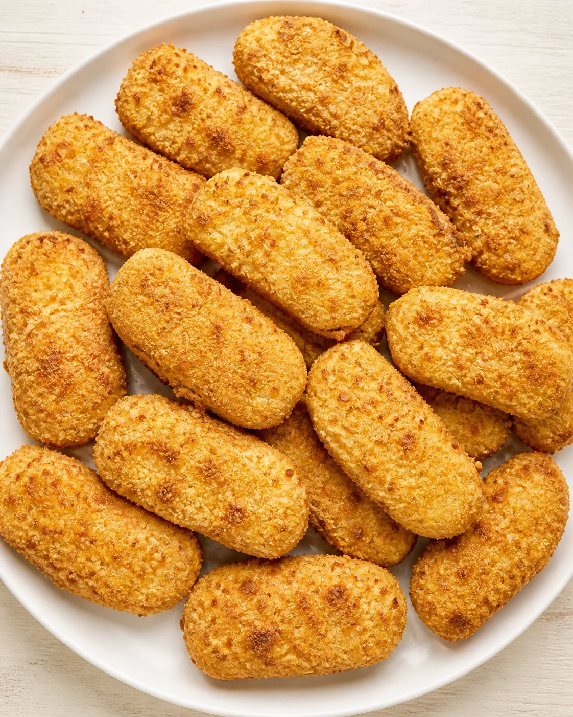 white plate piled with many golden-brown crispy croquettes on a light wooden table