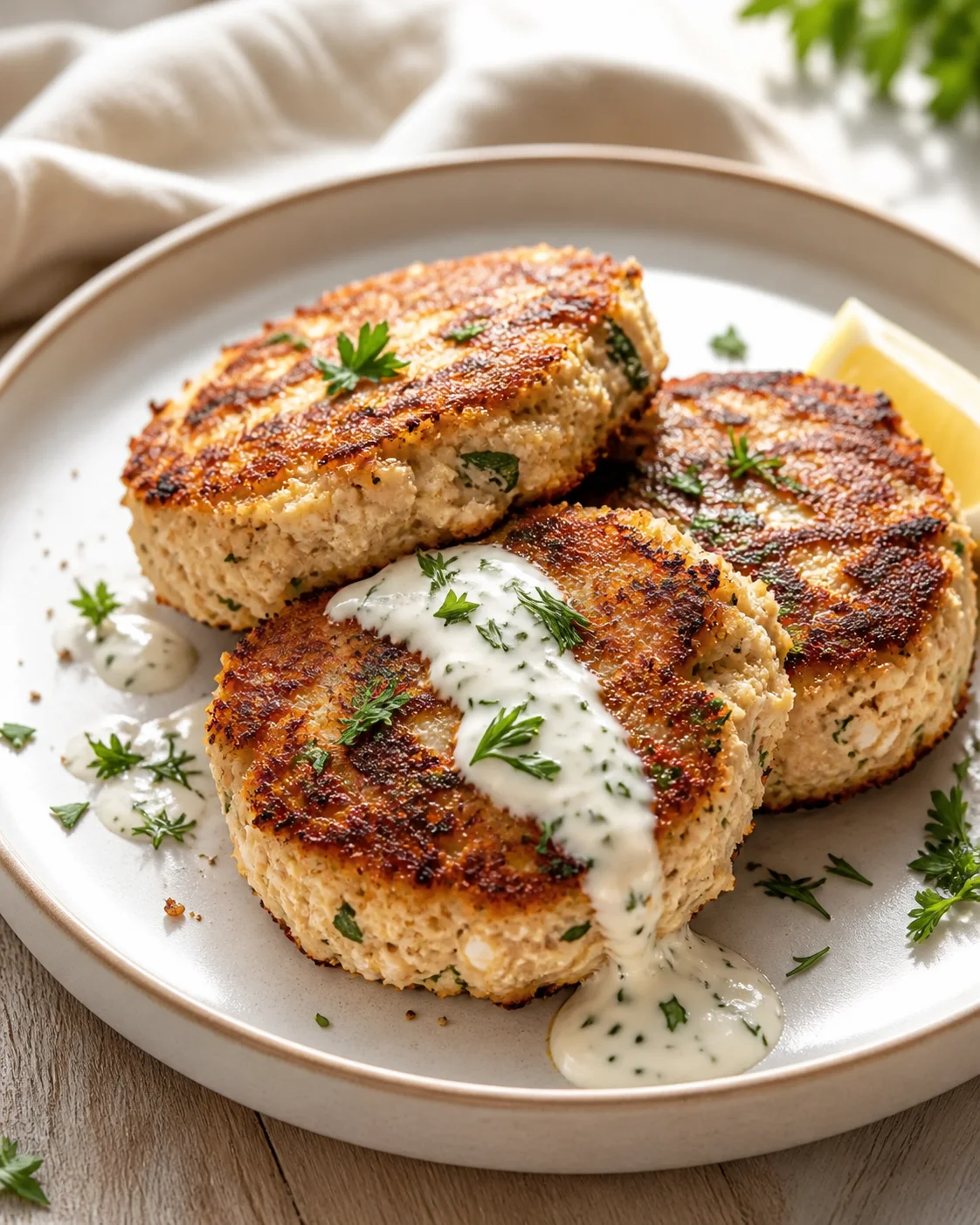 Three golden-brown pan-seared fish cakes on a plate, topped with dill sauce and lemon.