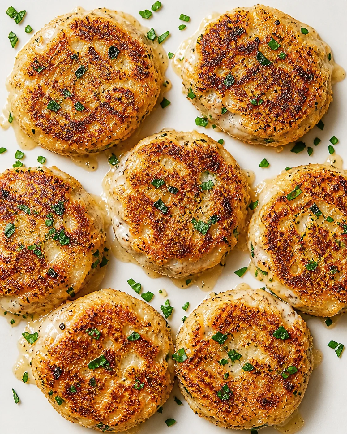 Eight golden-brown crab cakes arranged on a white surface, lightly garnished with chopped chives.