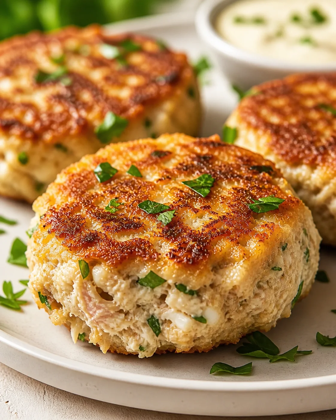 Golden-brown herb-crab cakes on a white plate, garnished with parsley.