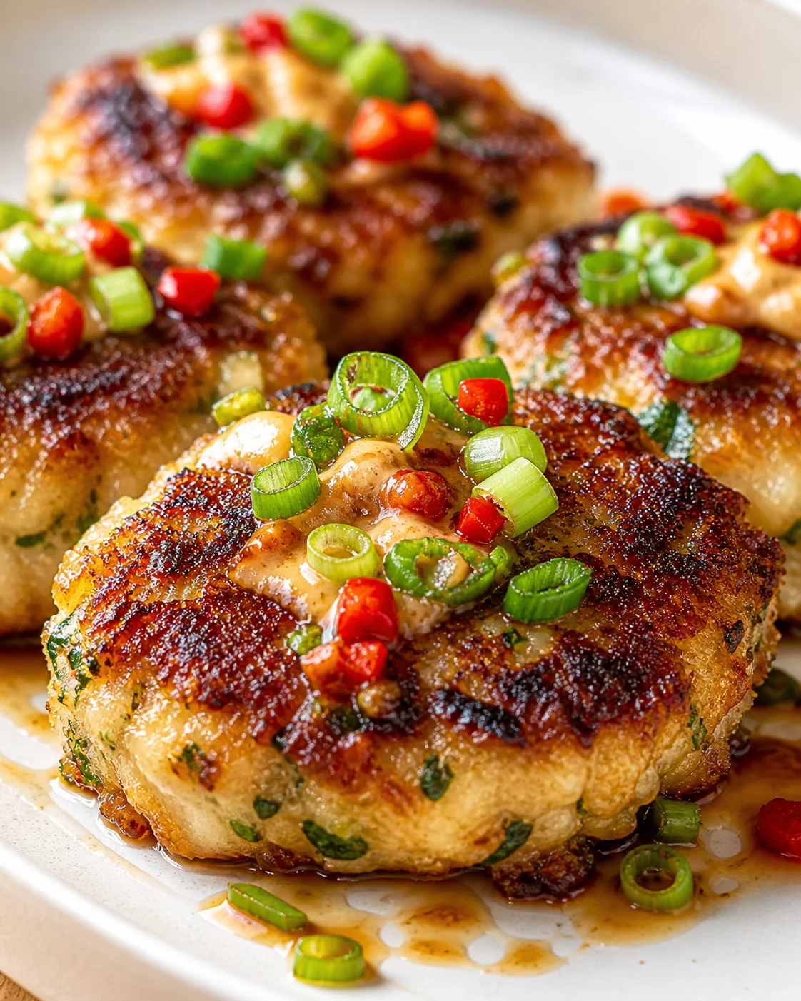 close-up of crispy crab cakes topped with green onions and red peppers on a light plate, drizzled with sauce.