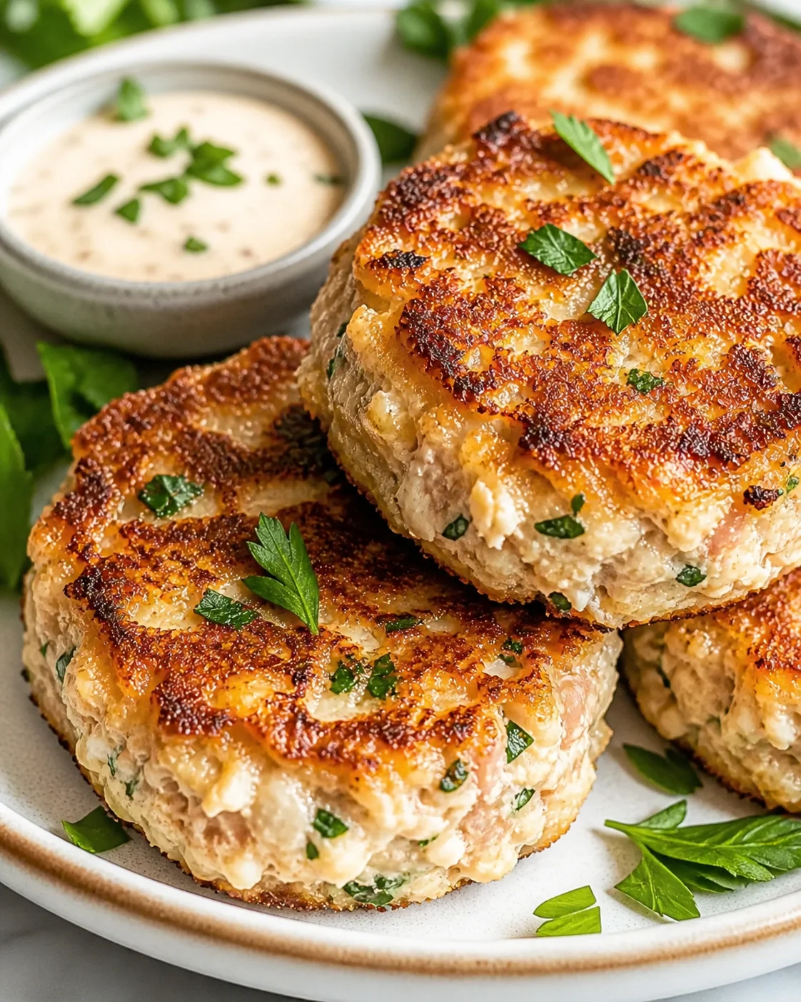 Golden-brown herb crab cakes with parsley on plate, served with creamy dipping sauce.