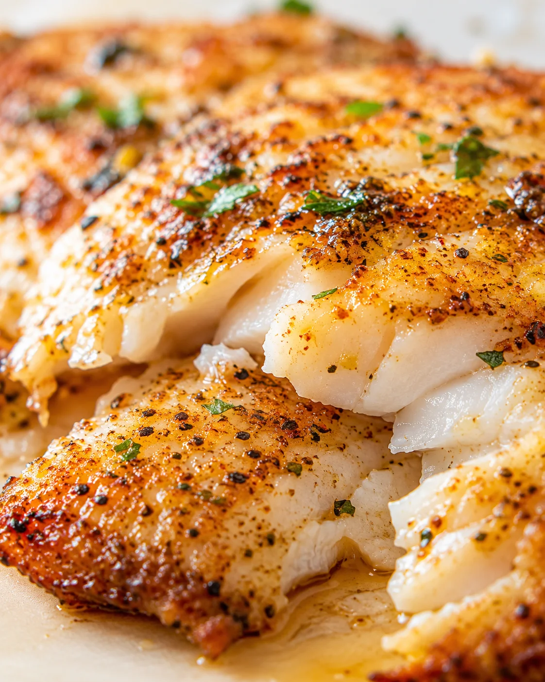close-up of herb-crusted white fish fillet with golden crust and chopped parsley