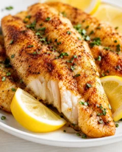 Golden-brown crispy fish fillets with parsley on a white plate, lemon wedges nearby