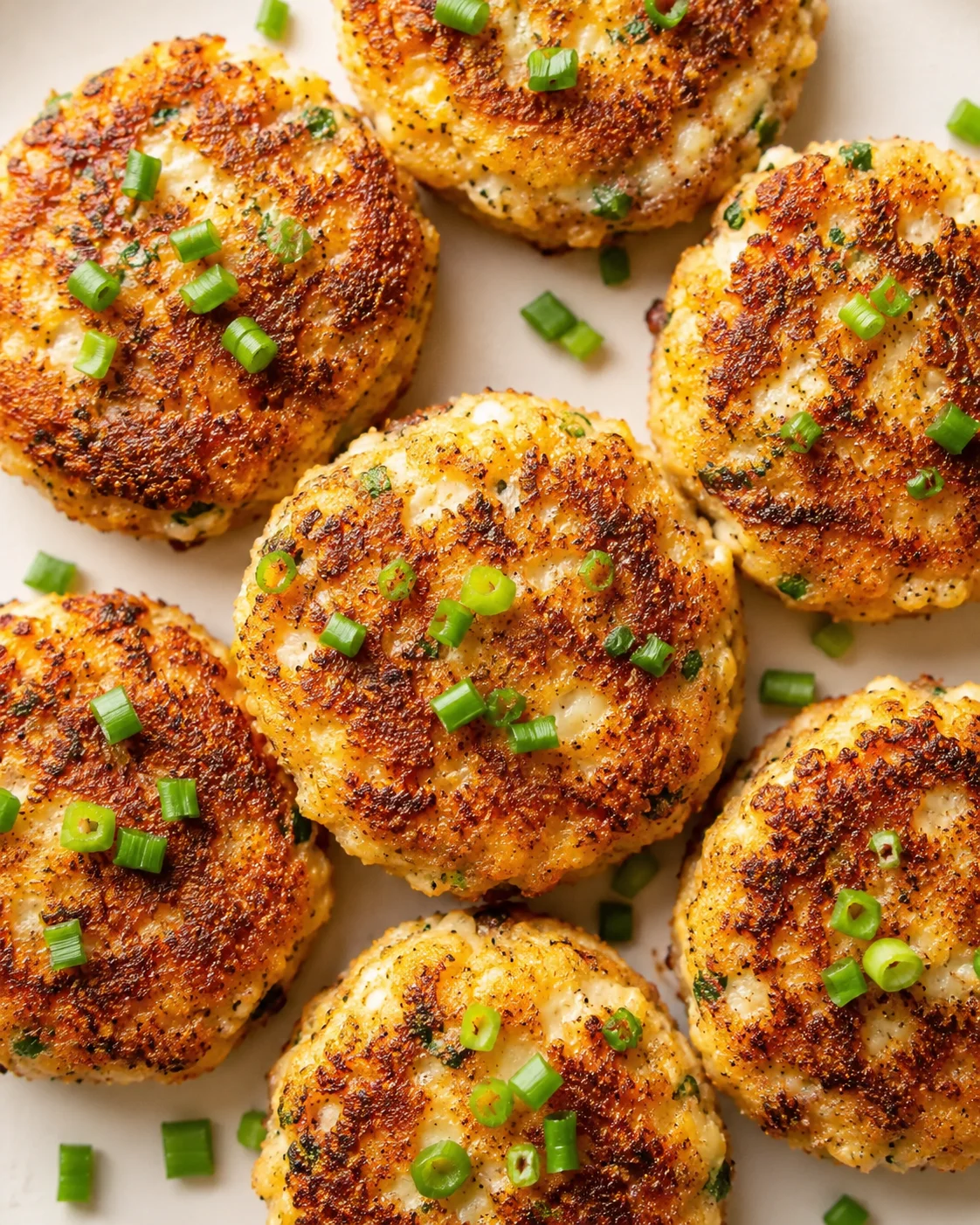 Close-up of golden-brown crispy potato croquettes topped with chopped green onions.