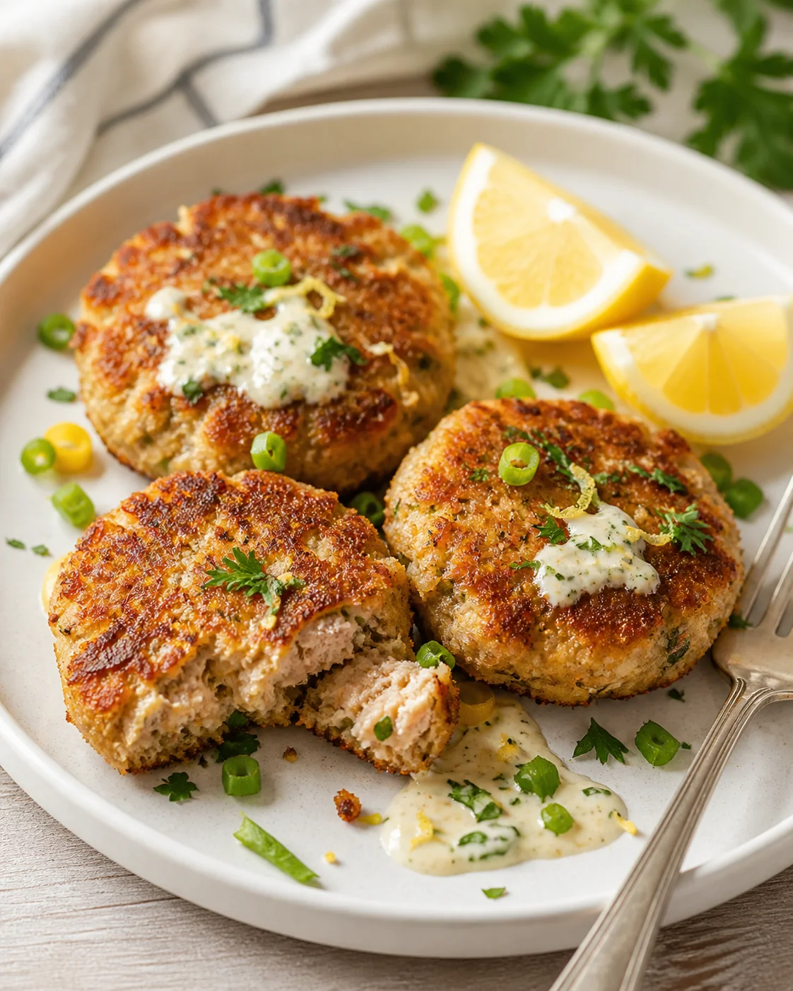 Three golden-brown salmon croquettes on a white plate with lemon wedges and herb sauce.