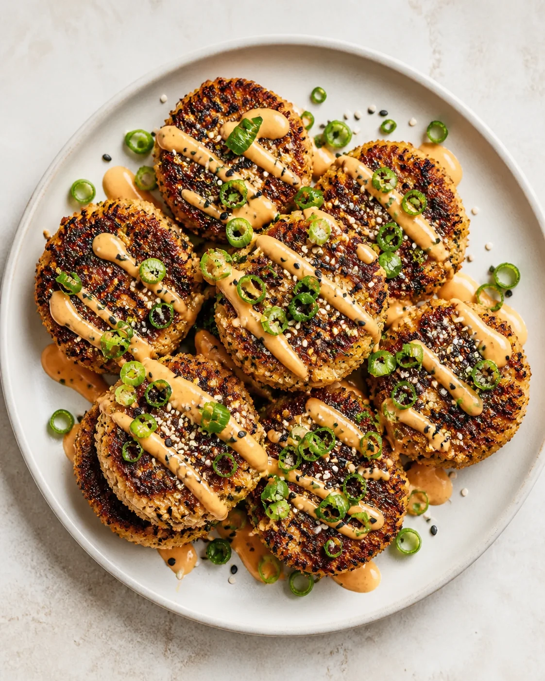plate of golden-brown sesame-crusted croquettes, drizzled with orange sauce and green onion rings