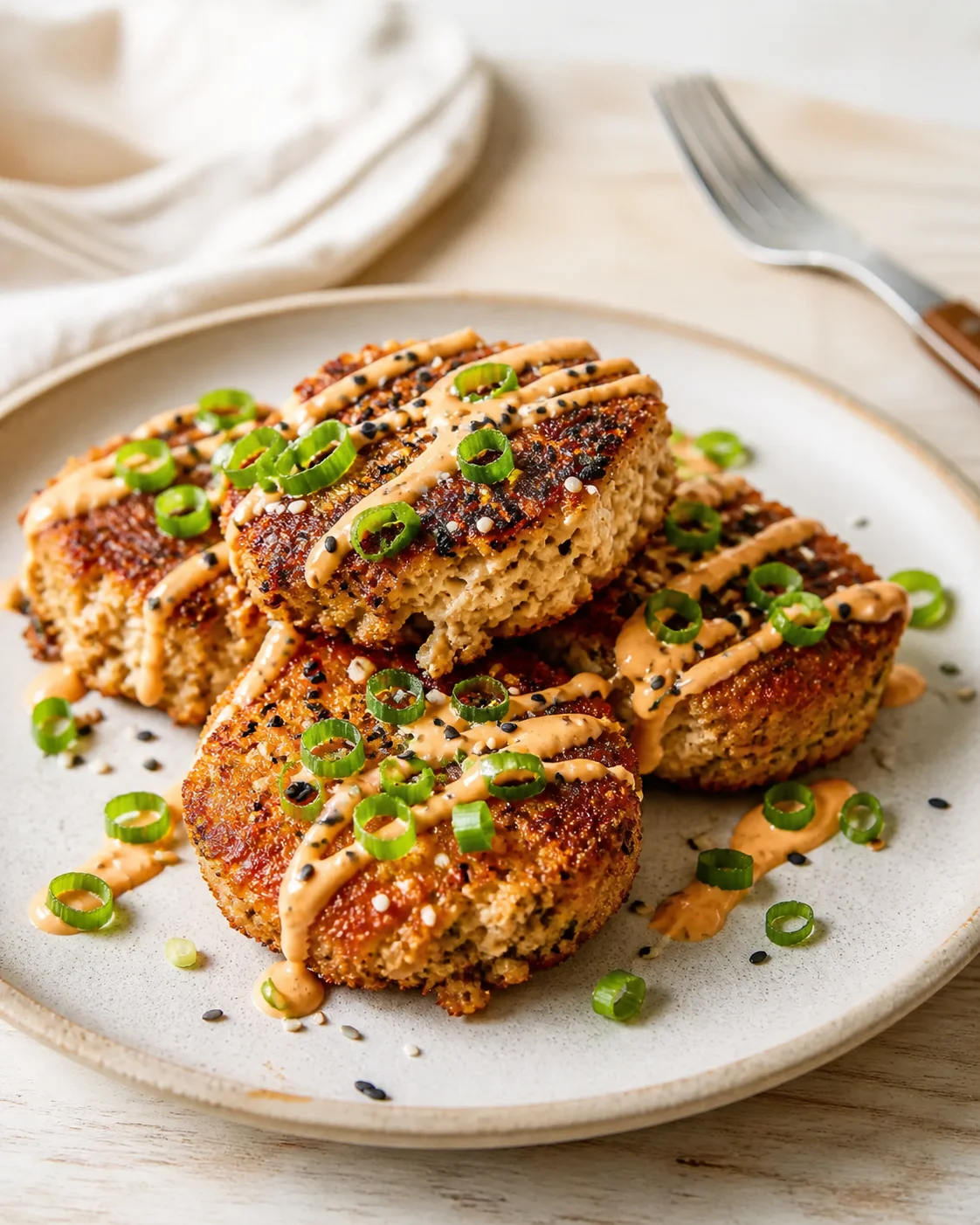 Golden-brown croquettes with sauce and green onions on a plate.