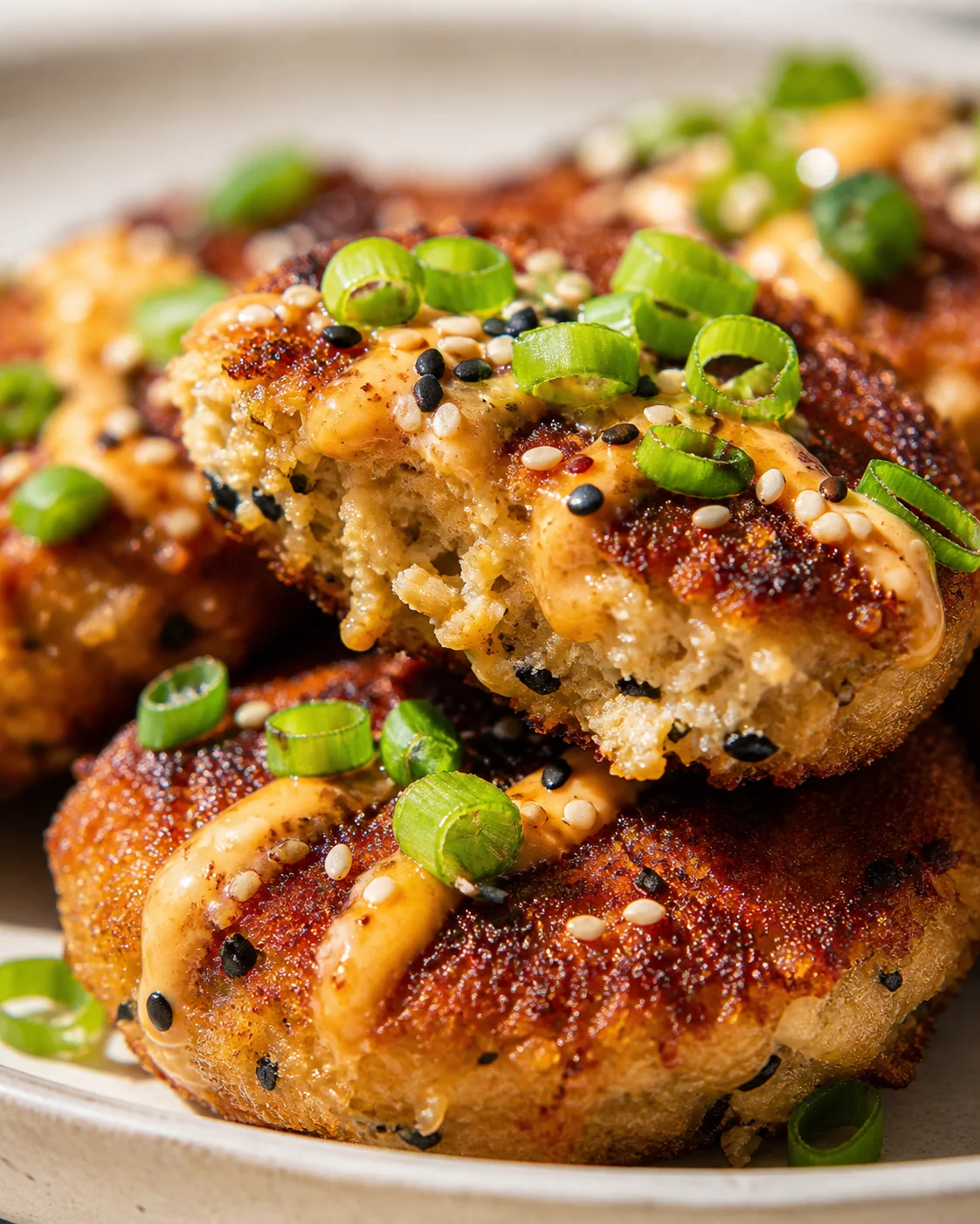 Close-up of golden-brown fried bites topped with sesame seeds and sliced green onions.