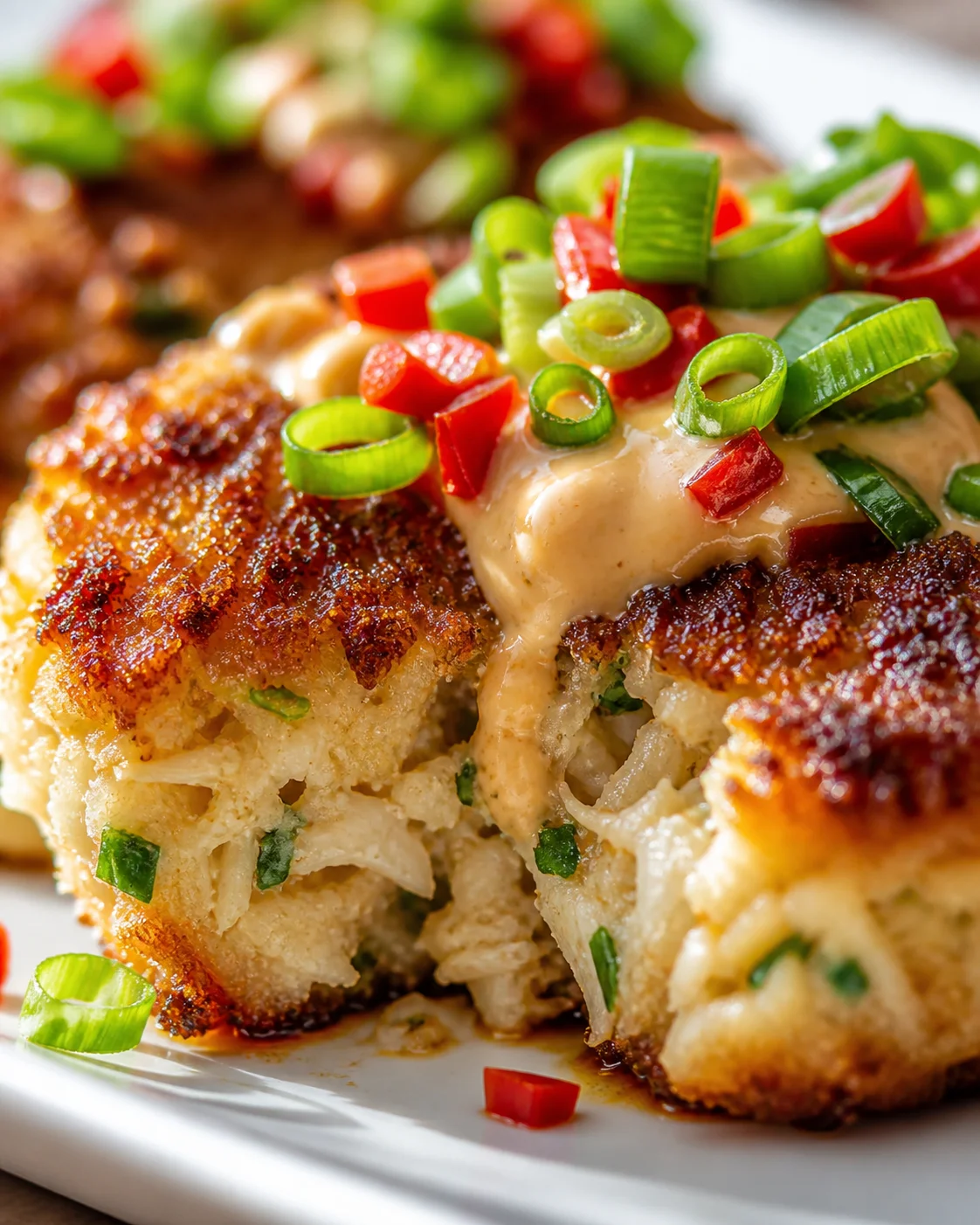 Close-up shot of crispy breaded chicken cutlets topped with creamy sauce and bright scallions.