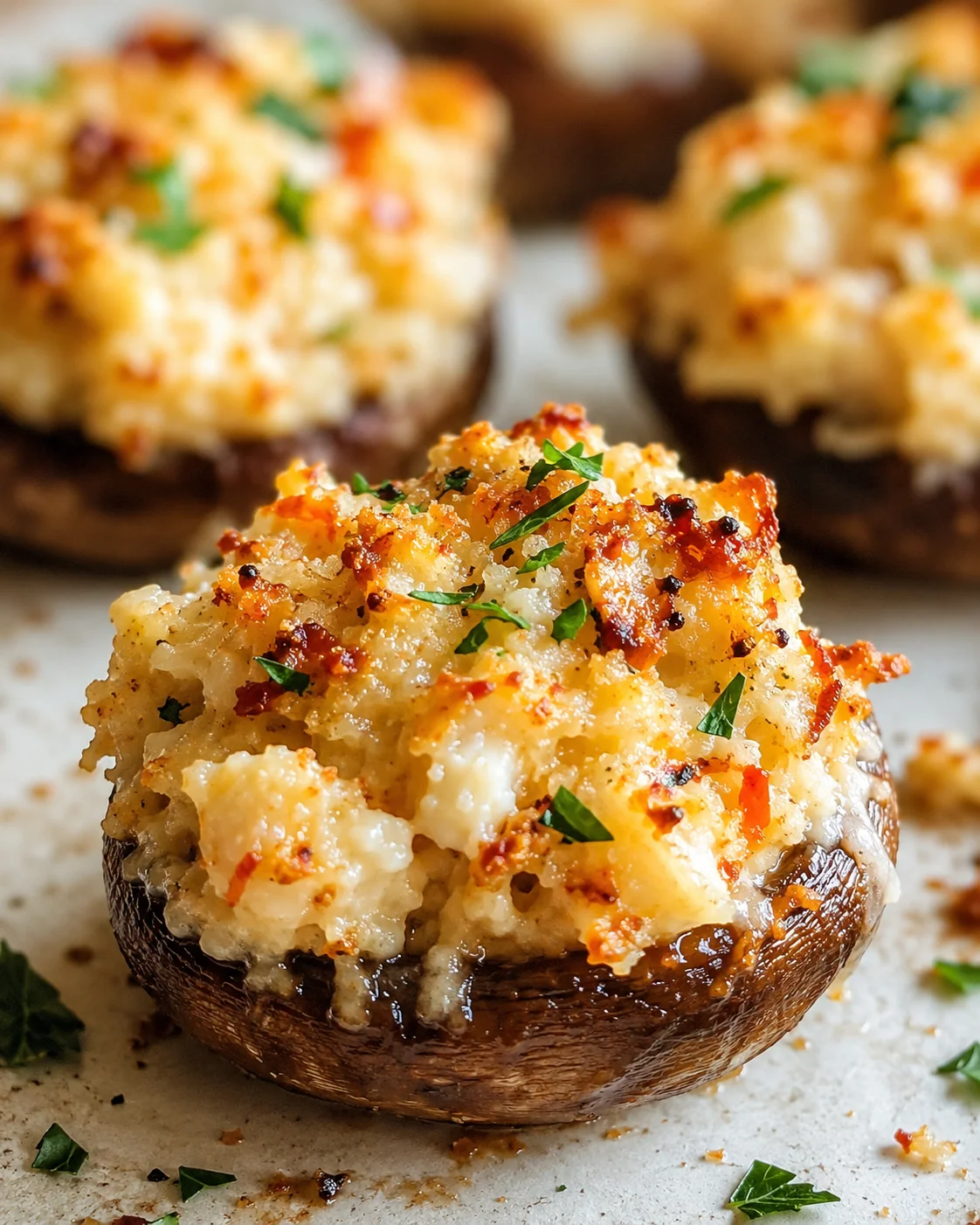 Close-up of a baked stuffed mushroom with cheesy breadcrumb topping and parsley