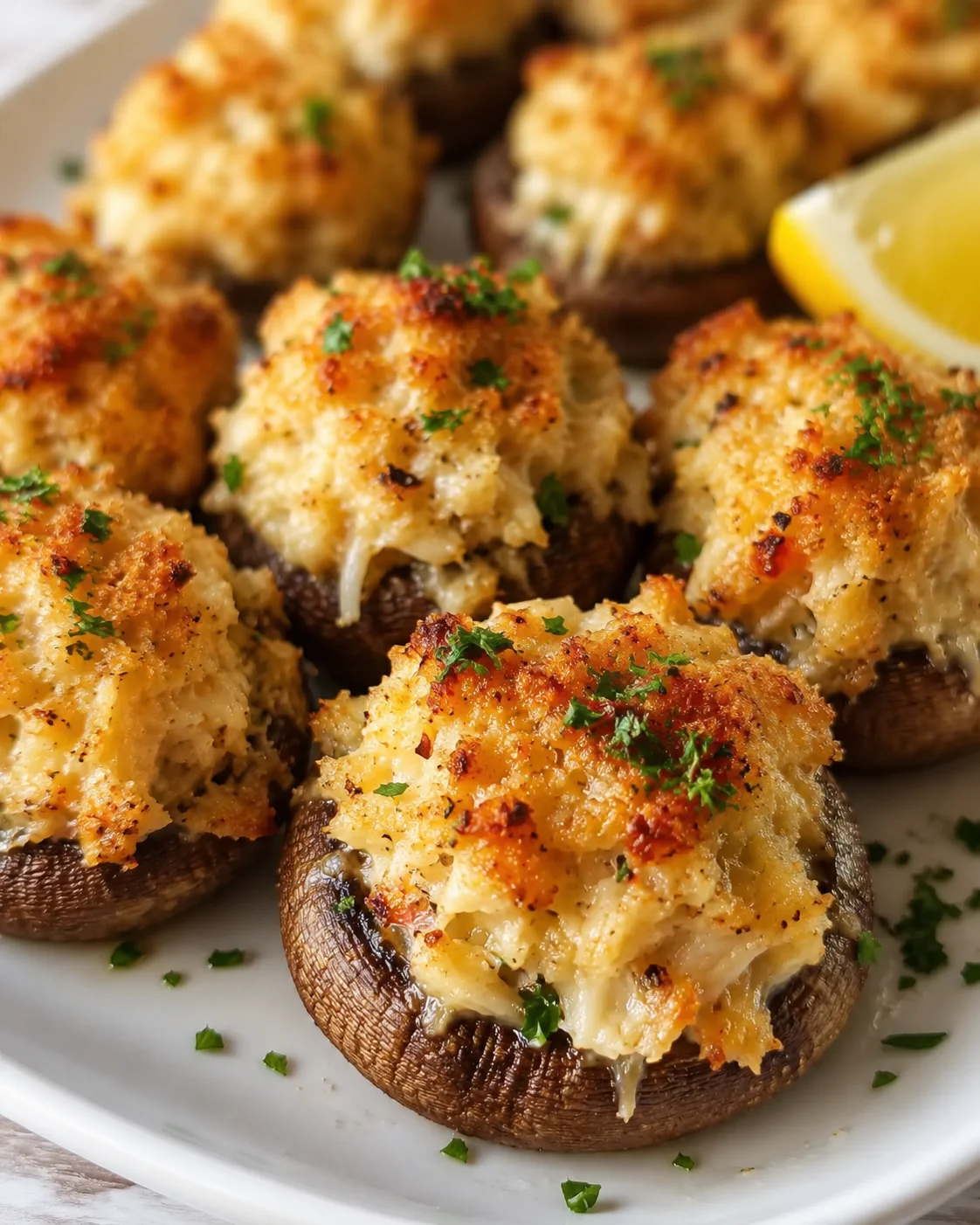 close-up of large mushroom caps stuffed with golden-brown crumb topping, garnished with parsley on a white plate.