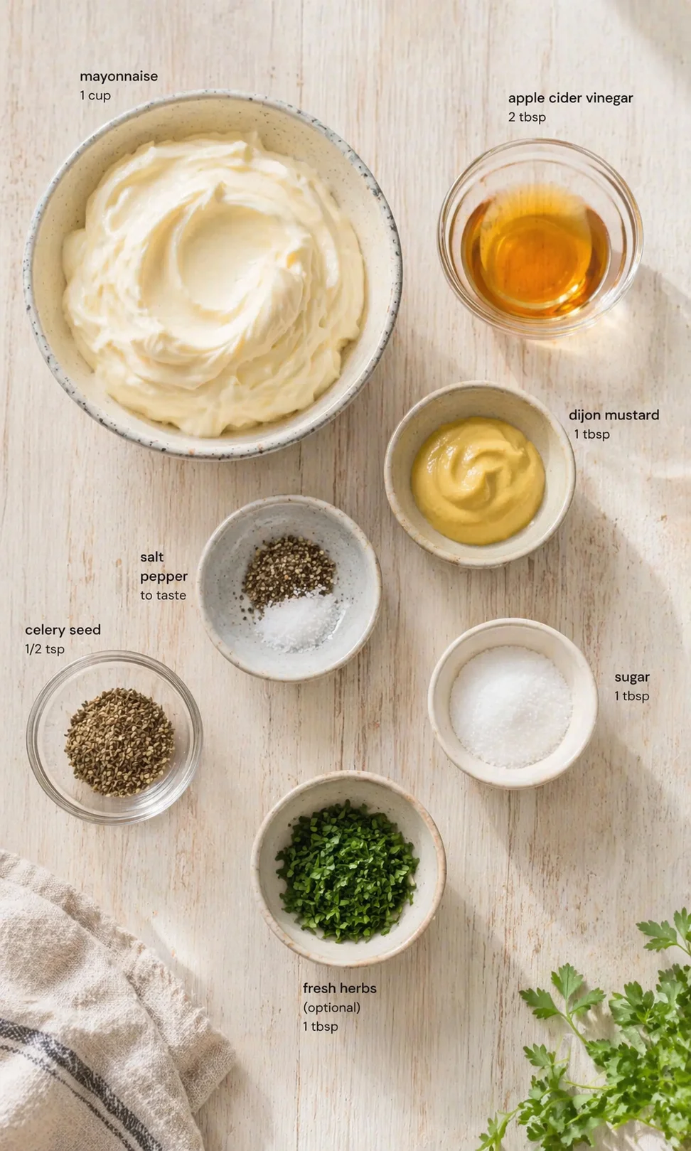 ingredients-placeholder.png Measured ingredients arranged for Coleslaw Dressing Recipe: 1 cup mayonnaise, 2 tablespoons apple cider vinegar, 1 tablespoon Dijon mustard, 1 tablespoon sugar, 1/2 teaspoon celery seed, Salt and pepper to taste