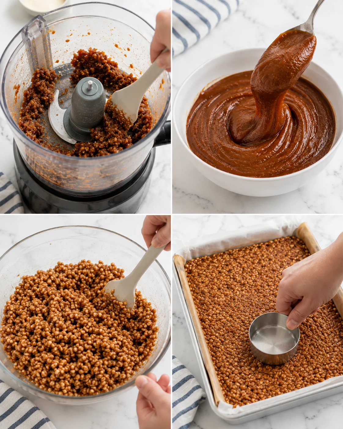 collage showing step-by-step process to make date caramel rice-crispies bars