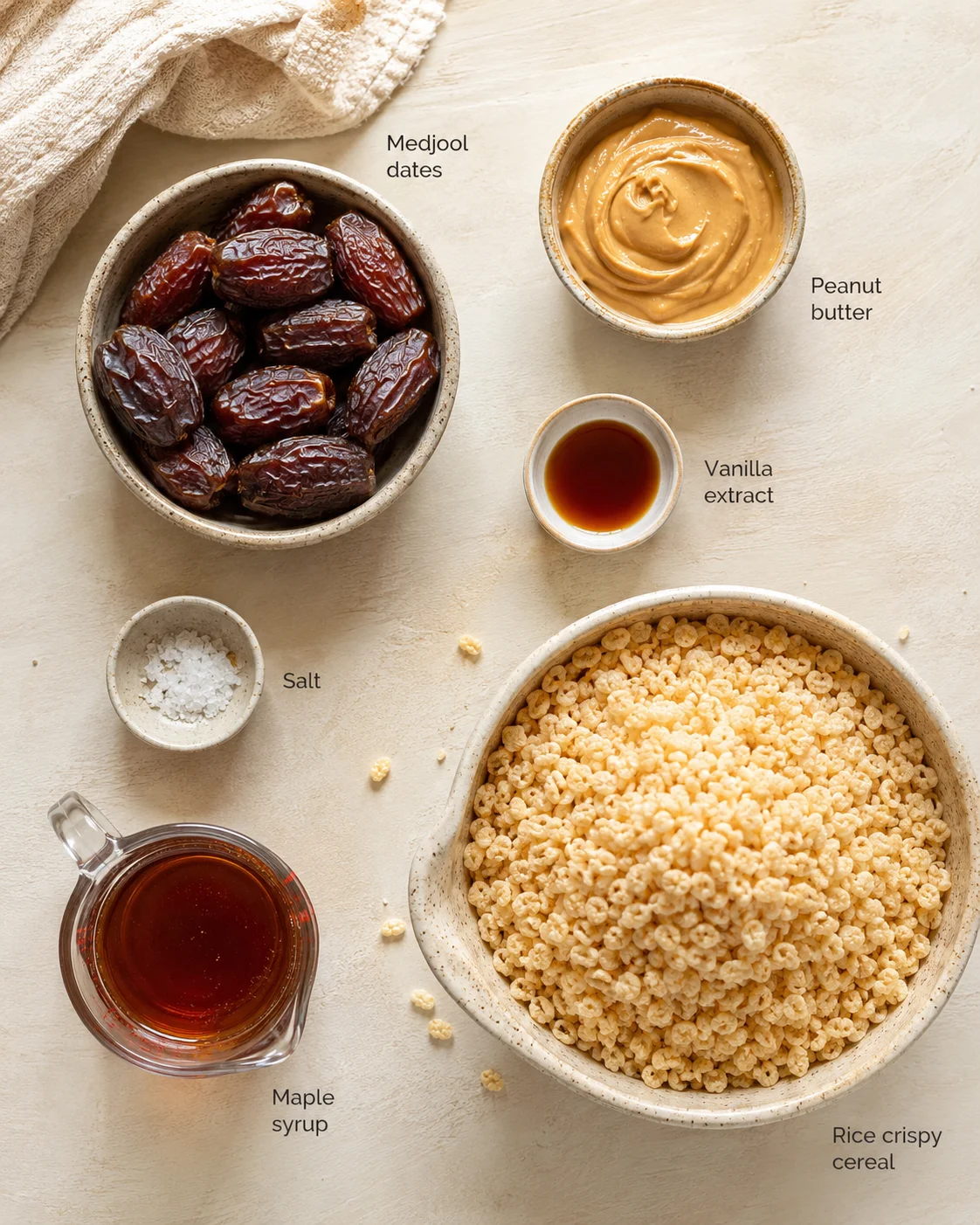 Overhead view of date bowl, peanut butter, maple syrup, vanilla, salt, and rice cereal laid out.