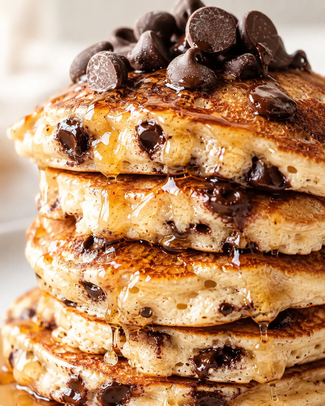 Close-up of a tall stack of chocolate-chip pancakes, drizzled with syrup and studded with dark chocolate chips.