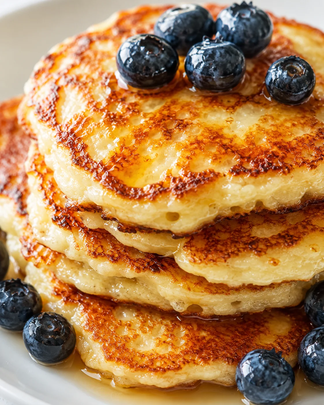 Close-up of a stack of golden brown pancakes topped with blueberries on a white plate.