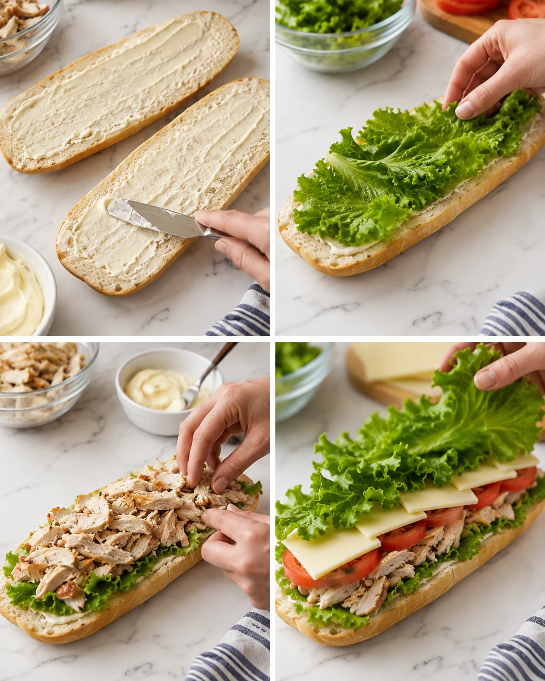 collage of four panels showing spread cheese, lettuce, shredded chicken, and final sandwich