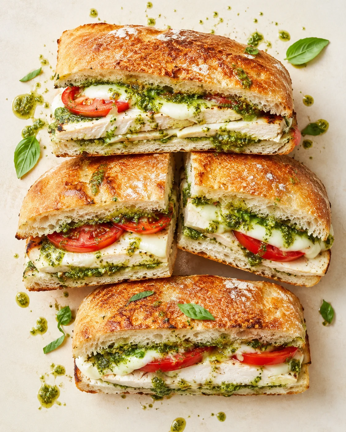 Crusty bread sandwich with chicken, mozzarella, tomato, and pesto on parchment.