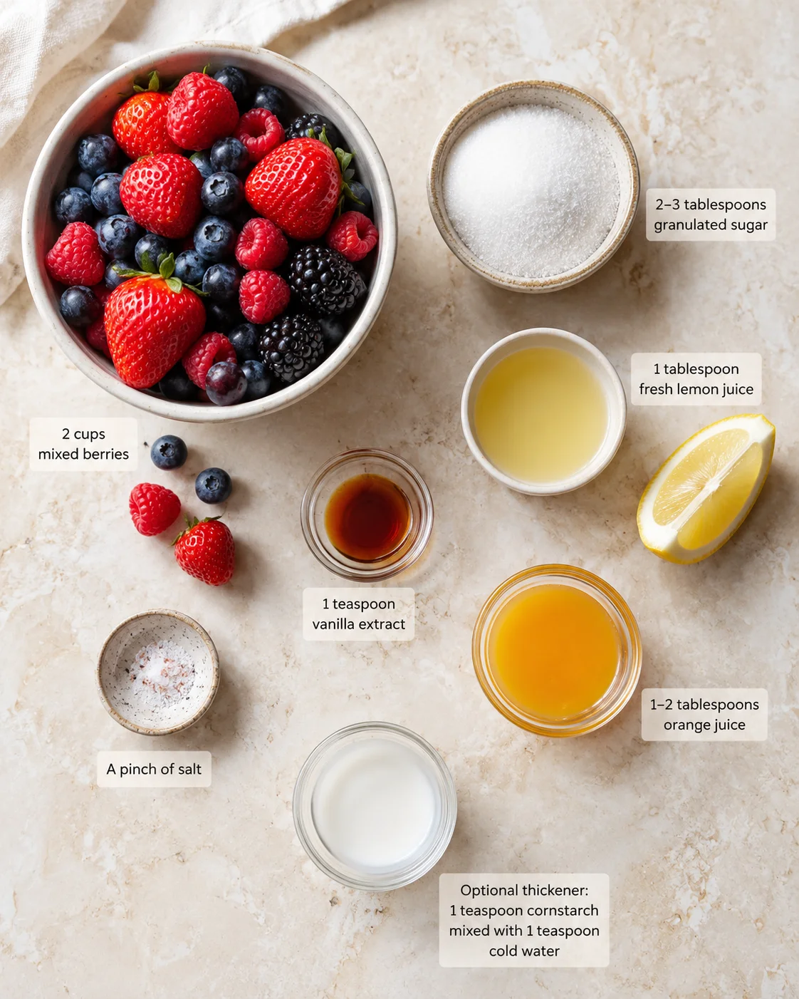 Top-down view of mixed berries with sugar, lemon juice, vanilla, salt, orange juice, and a lemon wedge.