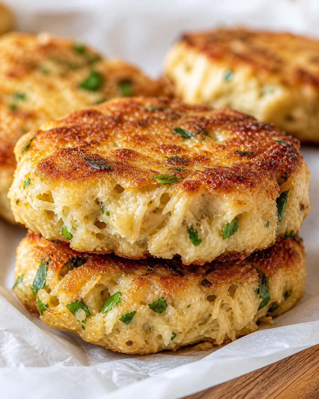 Stacked golden-brown cheese biscuits with green herbs on parchment paper