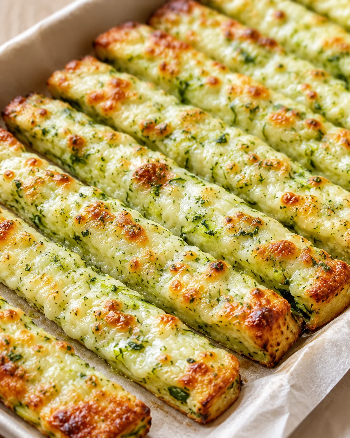 golden-brown garlic herb cheese breadsticks arranged on parchment-lined baking sheet